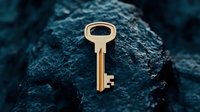 Golden vintage key resting on dark textured rock surface symbolizing security access unlock solution mystery treasure discovery business success.