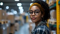 Young African American woman with natural curly hair wearing glasses, beanie, and plaid shirt in warehouse setting, confident side profile portrait against blurred storage background.