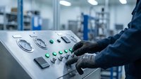 Industrial worker operating control panel in modern manufacturing facility with buttons and gauges for automated production processes.