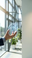 Close-up of businessman's hand holding glowing gear icons near modern office window with natural light, representing technology, innovation, and digital transformation in corporate environment.