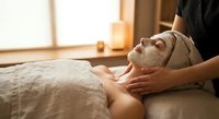 Young woman receiving relaxing facial massage treatment at luxury spa with natural lighting and peaceful atmosphere for wellness and self-care.