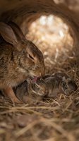 Mother rabbit grooming newborn baby bunny in natural burrow nest with soft lighting creating tender maternal bonding moment in wildlife habitat.