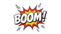 Comic book explosion burst with BOOM text in bold letters featuring red and yellow starburst design on white background for pop art graphics and retro designs.