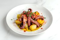 Grilled octopus tentacles with baby potatoes on white ceramic plate, garnished with herbs and paprika, served on marble surface in Mediterranean style.