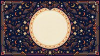 Celestial night sky frame with golden circle border, moons and stars on dark navy background, isolated on cream center space for text or design projects.