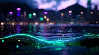 Abstract glowing turquoise waves with purple and blue bokeh lights against dark background create magical atmosphere for modern design projects and presentations.