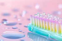 Wet toothbrush bristles with water droplets on pink background, macro close-up shot showing dental hygiene and oral care concept in soft pastel colors.