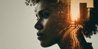 Double exposure portrait combining profile of young woman with curly hair and urban cityscape at sunset with light trails on highway. Artistic conceptual composition.