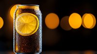 Cold aluminum can with fresh lemon slice and condensation drops against dark background with golden bokeh lights, refreshing beverage photography.