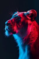 Majestic lioness profile illuminated by dramatic red and blue lighting against dark background, showcasing powerful feline features and whiskers in artistic portrait.