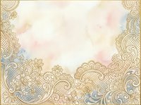 Ornate golden lace border with soft watercolor wash background, featuring intricate filigree patterns and delicate scrollwork. Suitable for wedding invitations, greeting cards, certificates, and elegant design projects.