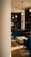 Modern luxury library interior with blue velvet armchairs, built-in bookshelves, pendant lighting and marble coffee table for sophisticated home design.