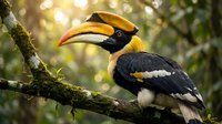Colorful hornbill bird perched on mossy tree branch in tropical forest with golden sunlight bokeh background for wildlife and nature photography projects.