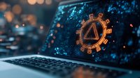 Glowing warning triangle symbol on laptop screen with digital particles and bokeh lights in dark blue technology background. Cybersecurity concept.