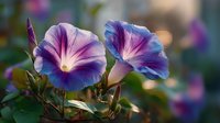 Vibrant purple and blue morning glory flowers bloom in garden setting with soft bokeh background, showcasing delicate petals and natural beauty.