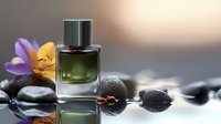 Elegant perfume bottle with green fragrance alongside black spa stones, purple crocus flower and aromatherapy elements on reflective surface with soft focus background.