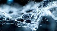 Ethereal abstract water splash with glowing particles and droplets creating dynamic flowing shapes against dark background, macro photography.