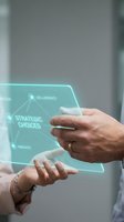 Two professionals interact with holographic display showing strategic choices diagram with connected nodes for design, collaborate, and innovate concepts for business planning.