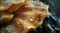 Macro view of golden mushroom cap with water droplets on surface, showcasing delicate gills and natural texture in forest environment.