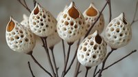 Dried lotus seed pods on natural brown stems creating organic botanical arrangement for home decor and craft projects.