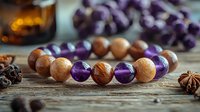 Handcrafted bracelet with alternating amethyst and jasper beads on rustic wooden surface with star anise and natural decorative elements in soft lighting.
