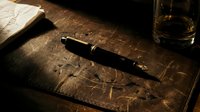 Luxury fountain pen resting on aged leather desk pad with notebook and water glass, conveying professional writing, executive workspace, and sophisticated stationery arrangement for business.