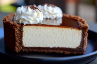 Slice of creamy vanilla cheesecake with chocolate crust and whipped cream topping on black plate, close-up view showing smooth texture and layers.