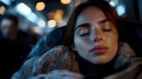 Young woman sleeping peacefully in dark environment with soft bokeh lights in background, wrapped in cozy winter clothing, showing serene facial expression.