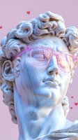 Classical marble statue wearing modern pink sunglasses with small hearts floating around on pink background, combining ancient art with contemporary pop culture elements.