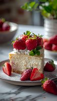 Fresh strawberry cheesecake slice on marble table with whipped cream and mint garnish, natural lighting creates appetizing mood for food photography.