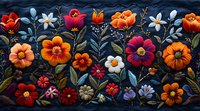Vibrant folk art floral composition with orange, red and purple blooms against dark background, white daisies and decorative leaves create magical garden mood.