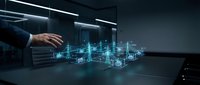 Businessman hand touching holographic city model with glowing blue digital architecture in modern office environment for urban planning and smart city development.