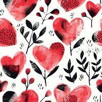 Romantic seamless pattern with red watercolor hearts and black botanical elements on white background. Repeating design for Valentine's Day and love themes.