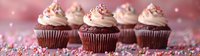 Chocolate cupcakes with pink frosting and colorful sprinkles arranged in row on pink background with bokeh effect, sweet dessert celebration panoramic shot.