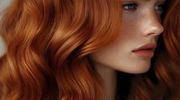 Young woman with natural red wavy hair and freckles on soft blurred background, side view close up portrait showing natural beauty and flawless skin.