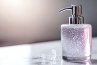 Elegant soap dispenser with glitter effect in pink and silver tones on marble surface, sparkling crystals scattered around, luxury bathroom accessories.