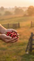 Farmer hands holding fresh red chili peppers at sunset in rural countryside with wooden fence and golden light for organic farming and agriculture concepts.