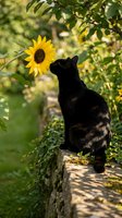 Curious tabby cat sniffing bright yellow sunflower in sunny garden setting with lush green foliage and natural lighting for pet and nature themes.