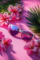 Stylish sunglasses with tropical hibiscus flowers and palm leaves on vibrant pink background for summer vacation and travel concepts.