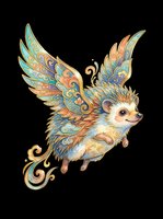 Cute fantasy flying hedgehog with ornate colorful wings in gold, teal and pink tones, isolated on transparent background, ready for stickers, t-shirts, and print on demand.