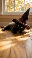 Adorable black kitten wearing brown witch hat lying on wooden floor by sunny window with autumn foliage background for Halloween celebration and seasonal decor.