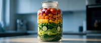 Colorful layered salad in glass mason jar with fresh vegetables arranged in rainbow pattern on modern kitchen counter for healthy meal prep.
