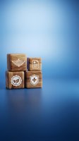 Wooden blocks with healthcare and wellness icons on blue background representing medical insurance, protection, and health services concept.