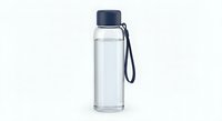 Clear glass water bottle with dark blue cap and carrying strap isolated on white background for healthy lifestyle and hydration concepts.