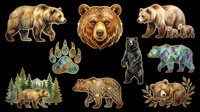 Isolated bear collection featuring brown bears, black bear, paw prints, and forest elements on transparent background, ready for t-shirt design, clipart, stickers, sublimation, and print-on-demand projects.