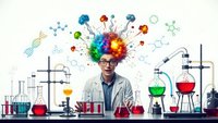 Young male scientist with colorful brain explosion of molecular structures and formulas in modern chemistry laboratory with equipment and glassware.