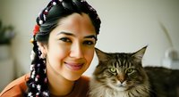 Young woman with dark braided hair adorned with colorful flowers posing with tabby cat. Portrait suitable for pet adoption campaigns, lifestyle blogs, and animal care content.