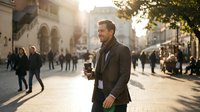 Confident businessman walking on sunny city street holding coffee cup during golden hour with warm sunlight and urban architecture background.