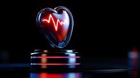 Glowing red heart with pulse wave inside glass container on dark background, dramatic medical concept with neon lighting effects and reflective surface.