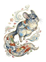 Whimsical rabbit character wearing ornate blue jacket with decorative flourishes, swirling botanical elements, and floating petals on isolated white background. Suitable for children's book illustration, apparel design, and greeting cards.